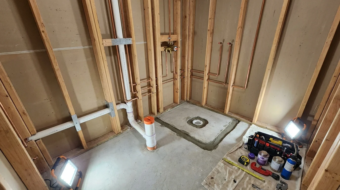 Bathroom rough-in plumbing during remodel by Johns Plumbing LLC in Goffstown