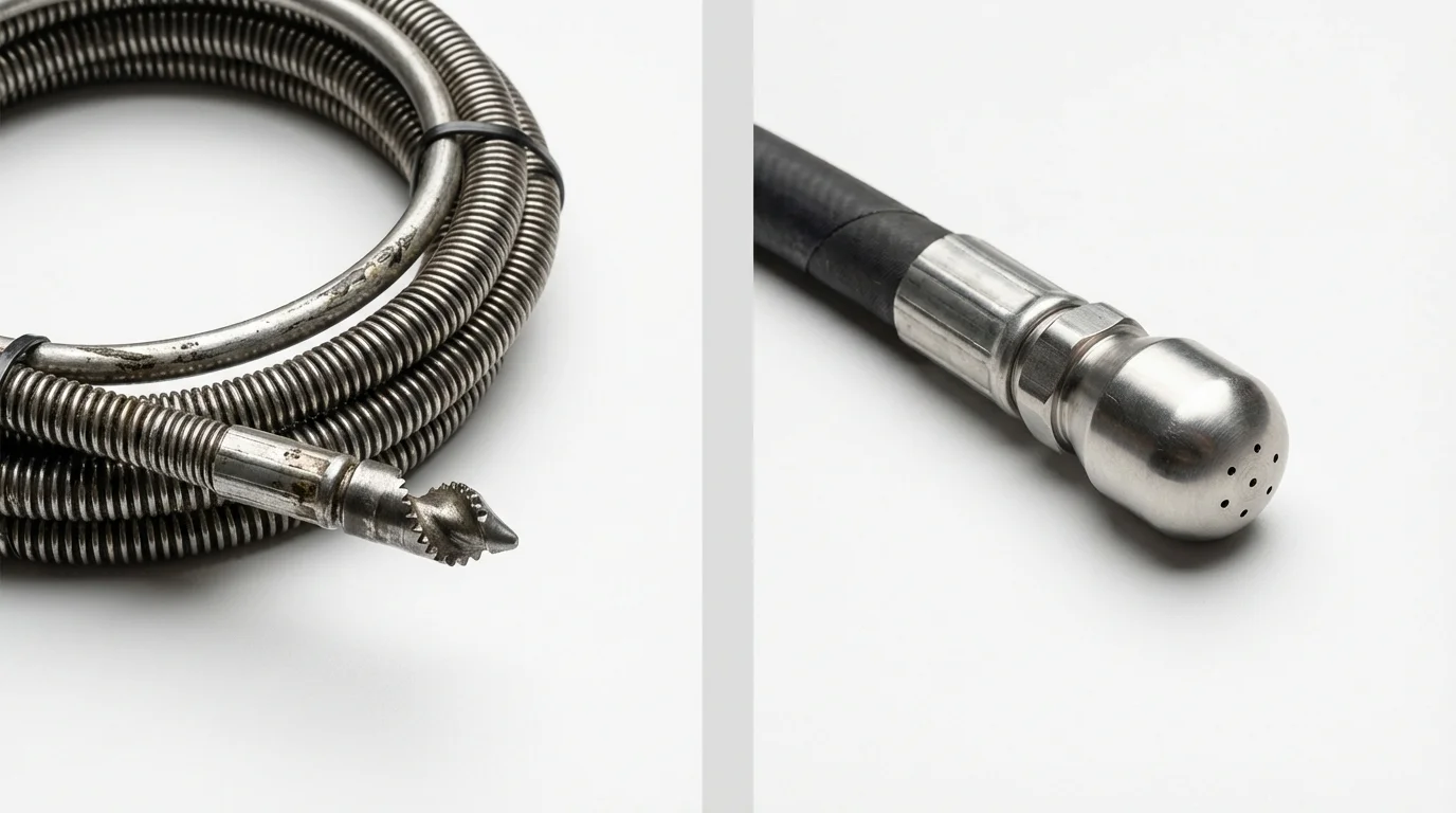 Drain snake cable and hydro jetting nozzle used for drain cleaning in Goffstown, NH