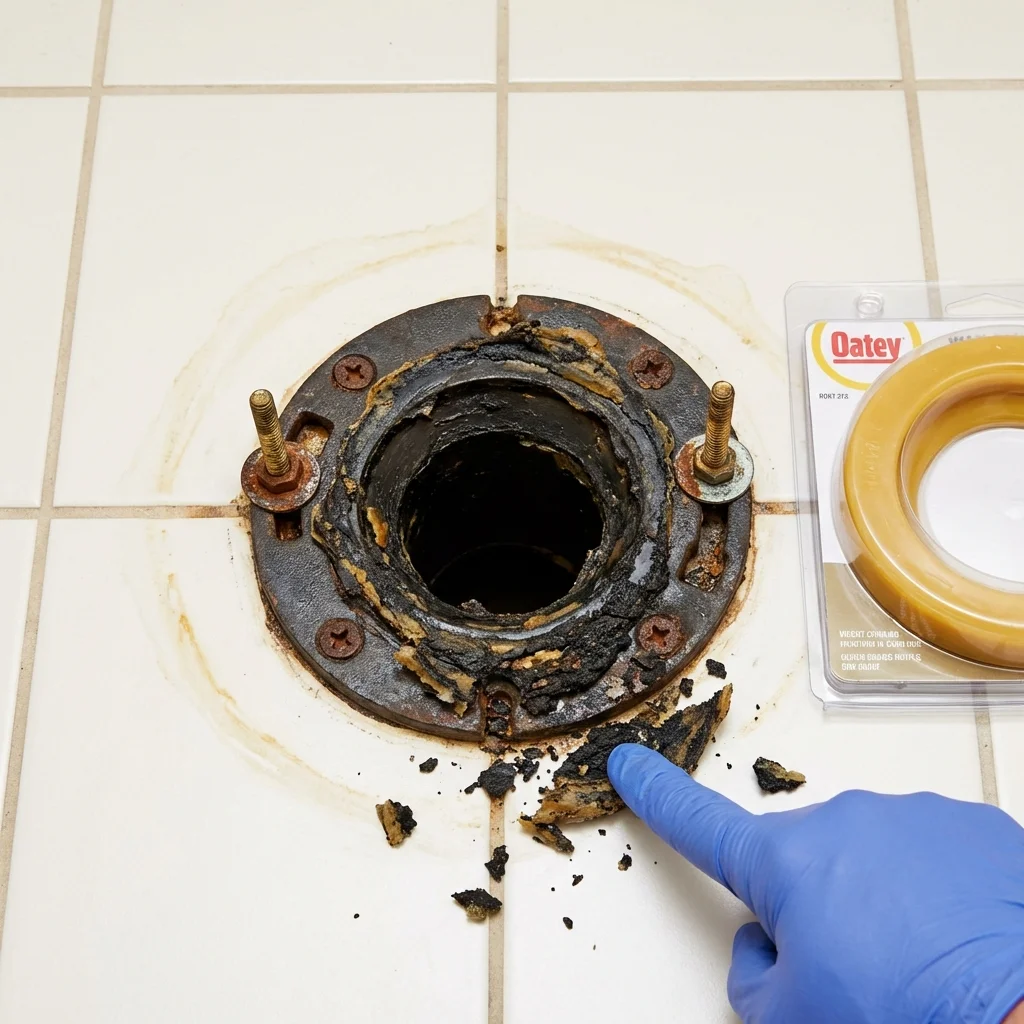 Failed wax ring showing water seepage at the base of a toilet in a Goffstown, NH home