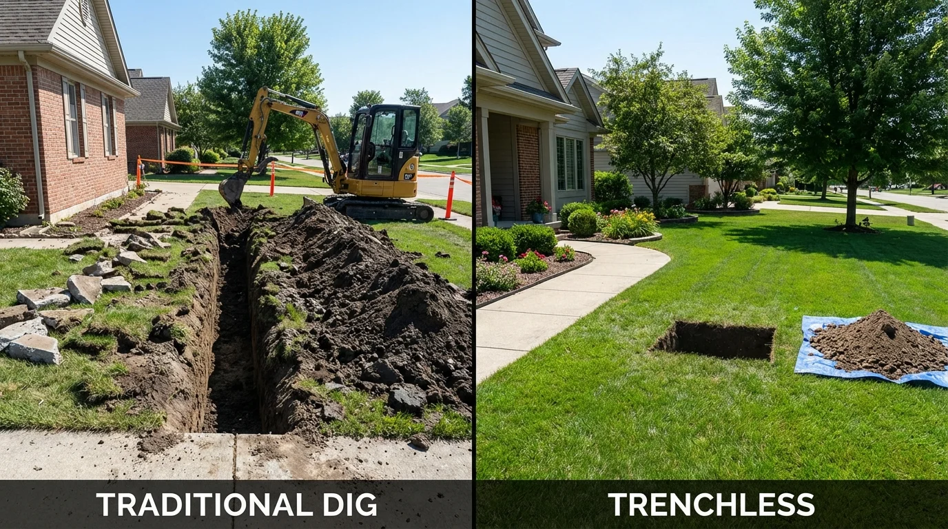 Trenchless sewer repair with minimal yard damage versus traditional excavation in Goffstown, NH
