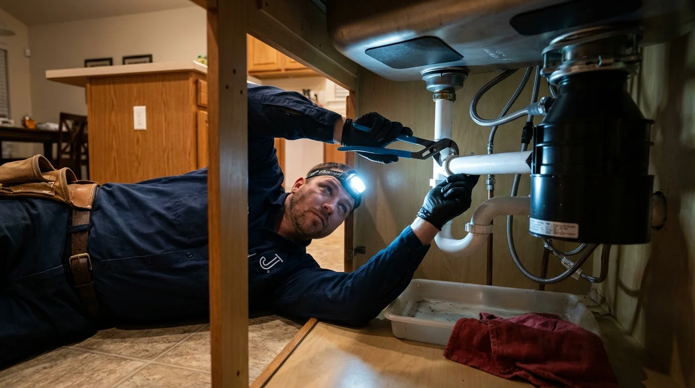 P-trap and supply line connections under a kitchen sink showing a common leak point in Goffstown, NH